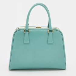 Pre Owned Prada Turquoise Blue Saffiano Leather Pyramid Frame Satchel