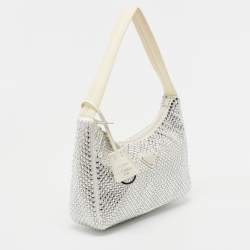 Pre Owned Prada White Satin Crystal Embellished Re-Edition 2000 Baguette