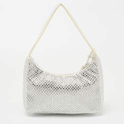 Pre Owned Prada White Satin Crystal Embellished Re-Edition 2000 Baguette