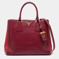Pre Owned Prada Burgundy/Red Saffiano Leather Medium Double Zip Tote