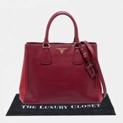 Pre Owned Prada Burgundy/Red Saffiano Leather Medium Double Zip Tote