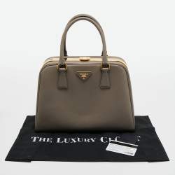Prada Grey Saffiano Lux Leather Pyramid Frame Satchel
