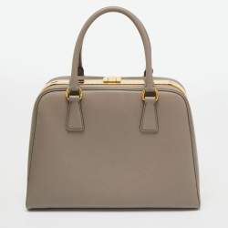 Prada Grey Saffiano Lux Leather Pyramid Frame Satchel