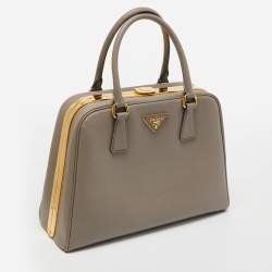 Prada Grey Saffiano Lux Leather Pyramid Frame Satchel