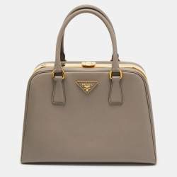 Prada Grey Saffiano Lux Leather Pyramid Frame Satchel