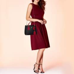 Pre Owned Prada Black/Red Saffiano Cuir Leather and Crocodile Double Tote