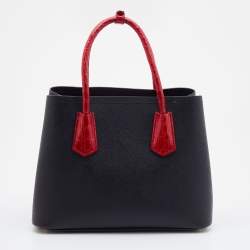 Pre Owned Prada Black/Red Saffiano Cuir Leather and Crocodile Double Tote
