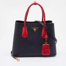 Pre Owned Prada Black/Red Saffiano Cuir Leather and Crocodile Double Tote