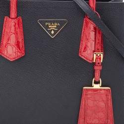 Pre Owned Prada Black/Red Saffiano Cuir Leather and Crocodile Double Tote