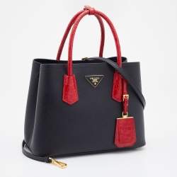 Pre Owned Prada Black/Red Saffiano Cuir Leather and Crocodile Double Tote