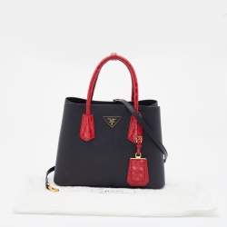 Pre Owned Prada Black/Red Saffiano Cuir Leather and Crocodile Double Tote