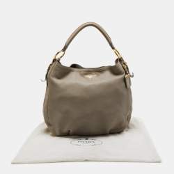 Prada Grey Vitello Daino Leather Large Side Pocket Zip Hobo