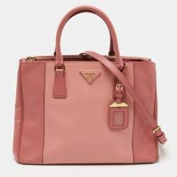 Pre Owned Prada Two Tone Pink Saffiano Lux Leather Medium Double Zip Tote