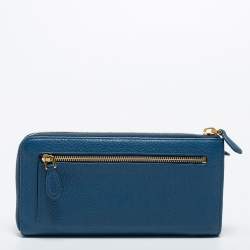 Prada Blue Vitello Daino Leather Zip Around Continental Wallet