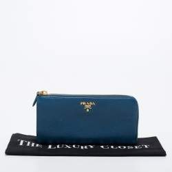Prada Blue Vitello Daino Leather Zip Around Continental Wallet