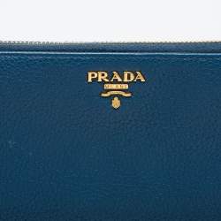 Prada Blue Vitello Daino Leather Zip Around Continental Wallet