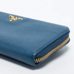 Prada Blue Vitello Daino Leather Zip Around Continental Wallet