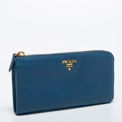 Prada Blue Vitello Daino Leather Zip Around Continental Wallet