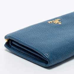Prada Blue Vitello Daino Leather Zip Around Continental Wallet