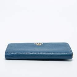 Prada Blue Vitello Daino Leather Zip Around Continental Wallet
