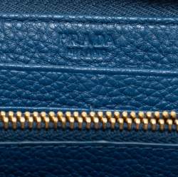 Prada Blue Vitello Daino Leather Zip Around Continental Wallet