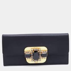 Pre Owned Prada Black Leather Crystal Embellished Continental Wallet