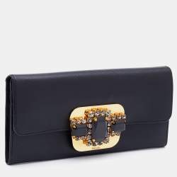 Pre Owned Prada Black Leather Crystal Embellished Continental Wallet