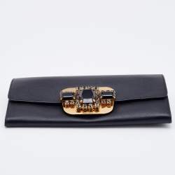 Pre Owned Prada Black Leather Crystal Embellished Continental Wallet