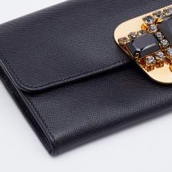 Pre Owned Prada Black Leather Crystal Embellished Continental Wallet
