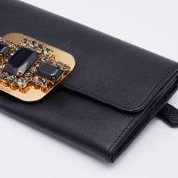 Pre Owned Prada Black Leather Crystal Embellished Continental Wallet