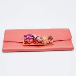 Pre Owned Prada Coral Leather Crystal Embellished Continental Wallet