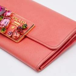 Pre Owned Prada Coral Leather Crystal Embellished Continental Wallet