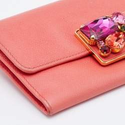 Pre Owned Prada Coral Leather Crystal Embellished Continental Wallet