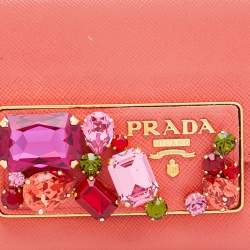 Pre Owned Prada Coral Leather Crystal Embellished Continental Wallet