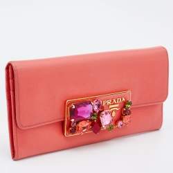 Pre Owned Prada Coral Leather Crystal Embellished Continental Wallet