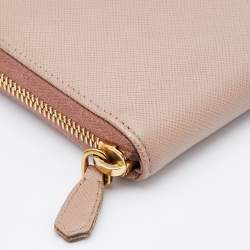 Pre Owned Prada Beige Saffiano Leather Zip Around Wallet