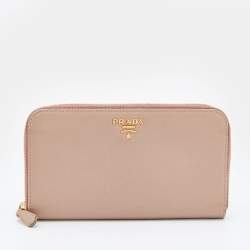 Pre Owned Prada Beige Saffiano Leather Zip Around Wallet