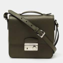 Pre Owned Prada Khaki Green Saffiano Leather Small Sound Crossbody Bag