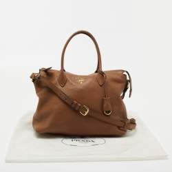 Pre Owned Prada Brown Vitello Daino Leather Top Zip Tote