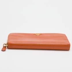 Pre Owned Prada Orange Saffiano Leather Zip Around Continental Wallet