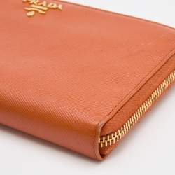 Pre Owned Prada Orange Saffiano Leather Zip Around Continental Wallet