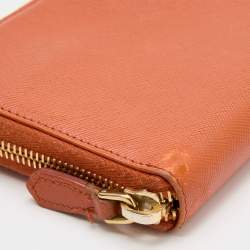 Pre Owned Prada Orange Saffiano Leather Zip Around Continental Wallet