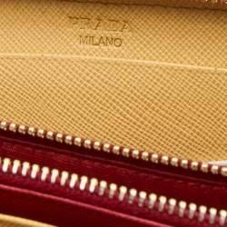 Pre Owned Prada Orange Saffiano Leather Zip Around Continental Wallet