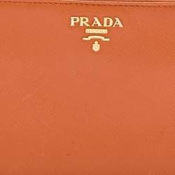 Pre Owned Prada Orange Saffiano Leather Zip Around Continental Wallet