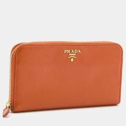 Pre Owned Prada Orange Saffiano Leather Zip Around Continental Wallet