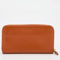 Pre Owned Prada Orange Saffiano Leather Zip Around Continental Wallet