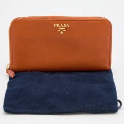 Pre Owned Prada Orange Saffiano Leather Zip Around Continental Wallet