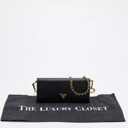 Pre Owned Prada Black Saffiano Lux Leather Wallet on Chain