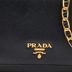 Pre Owned Prada Black Saffiano Lux Leather Wallet on Chain