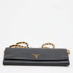 Pre Owned Prada Black Saffiano Lux Leather Wallet on Chain